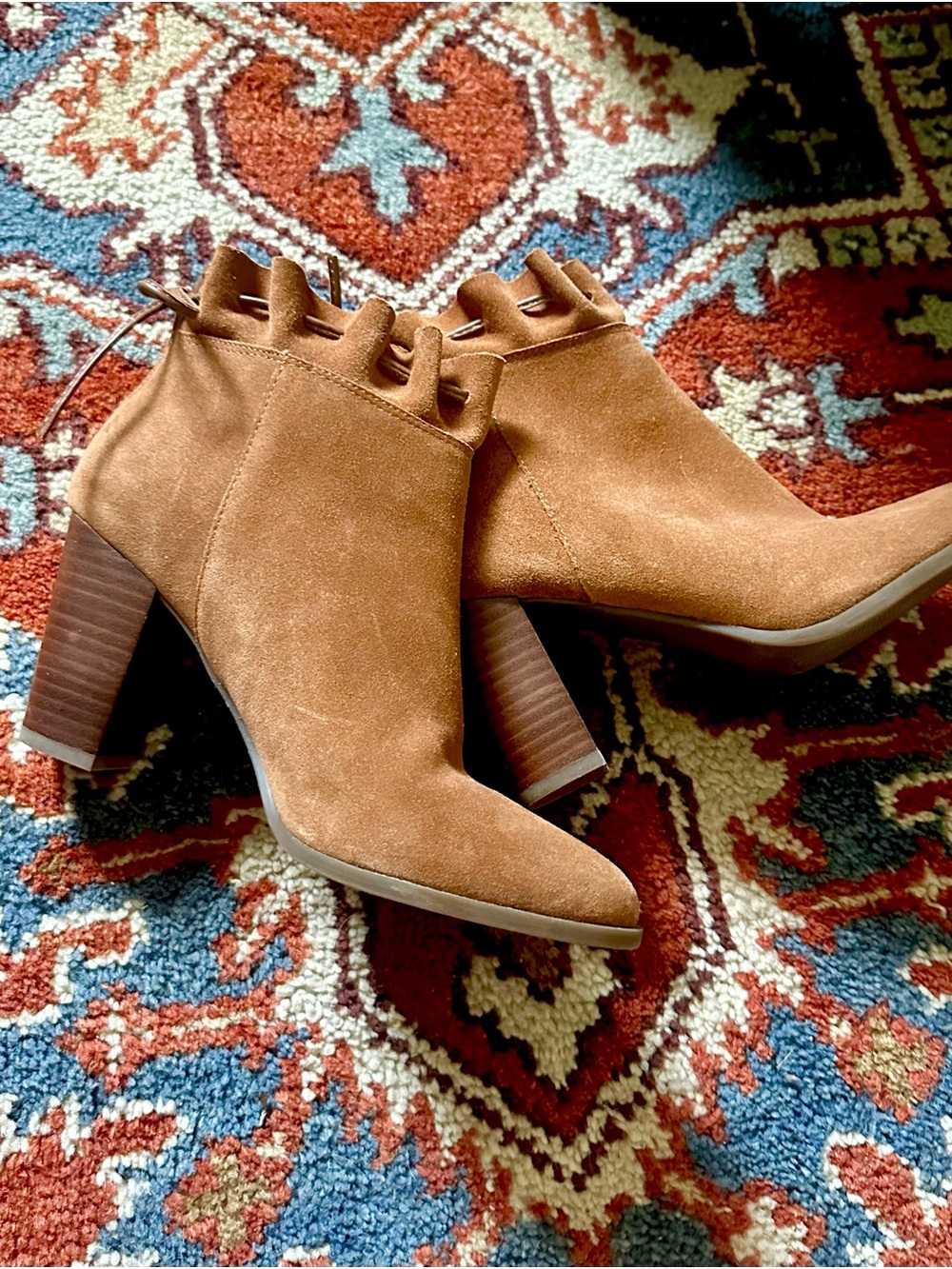 crown & ivy Tan Suede Ruffle Ankle Booties